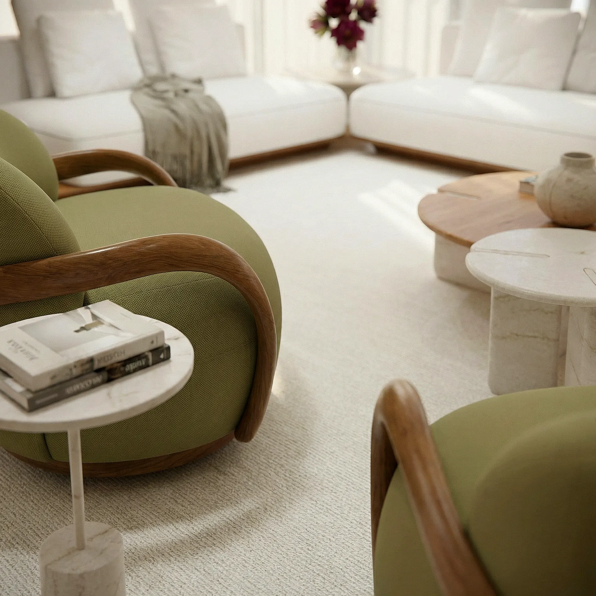Living, poltronas verdes do apartamento The Mark