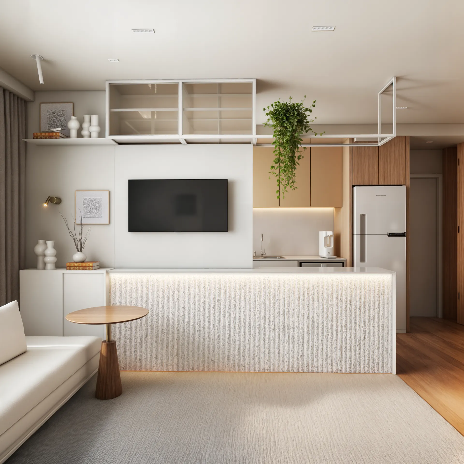 Living e cozinha (móvel multifuncional) do apartamento NW