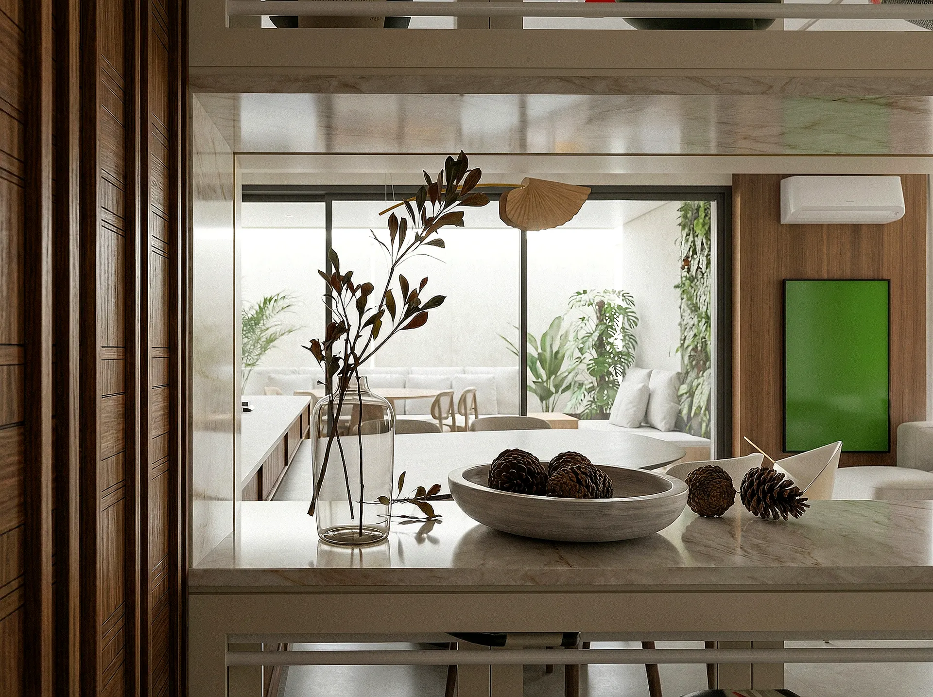 Varanda, vista para o living do apartamento The Mark