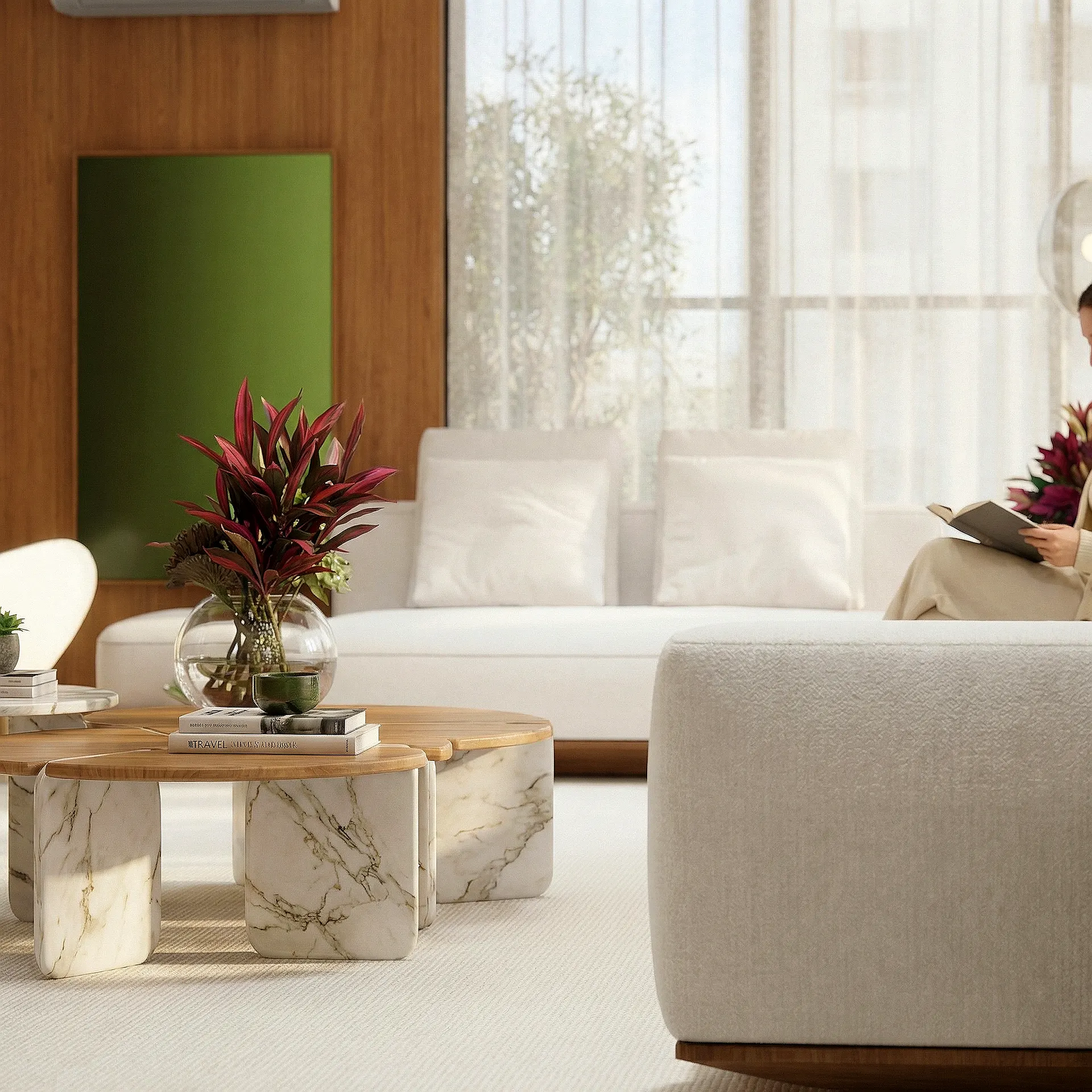 Living, painel verde do apartamento The Mark